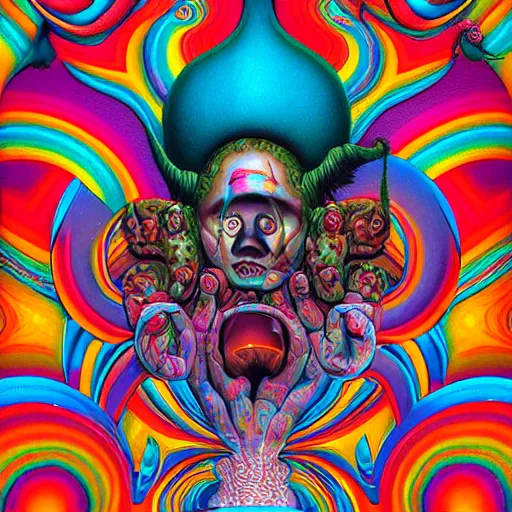 Prompt: Psychedelic LSD experience with insane trippy visuals in the style of an album cover by Mark Ryden and Alex Gross, Todd Schorr ,(highly detailed, 8k, UHD, fantasy, dream, otherworldly, bizzare, spirals)