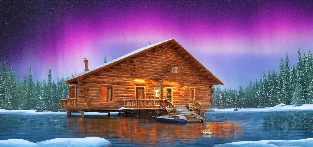 a big cozy cabin floating in the middle of a lake, a, Stable Diffusion