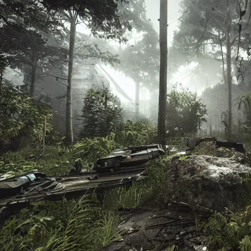 Image similar to screenshot of a new Call of Duty multiplayer map, an aircraft hangar overgrown with vegetation, debris scattered throughout, forest, dramatic lighting, cinematic, Unreal Engine, 8k, render