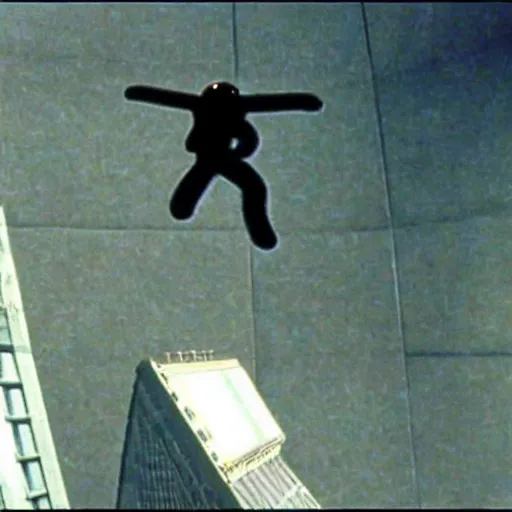 Image similar to of a enormous astronaut!! climbing!! up a building! ((like king kong)), still from the movie astronaut attack (2002)