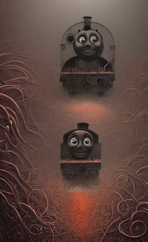 Image similar to thomas the tank engine in style of zdzisław beksinski, extremely dramatic lighting, 8 k, tendrils, black, darkness, black slime tendrils, infected, rust, body horror, thomas the train, thomas the tank engine face, horror,