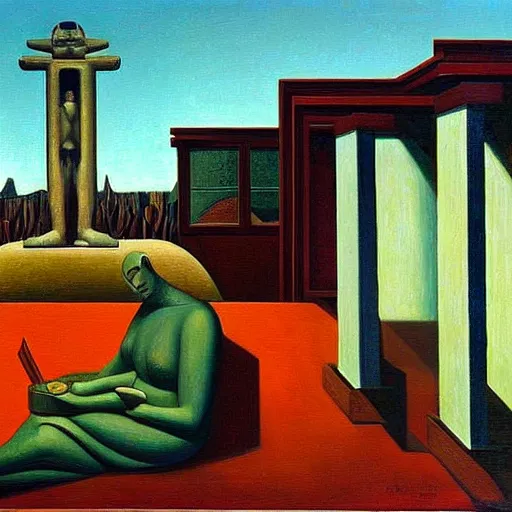 Prompt: a shrine to an ancient technological god, ( ( ( grant wood ) ) ), pj crook, ( ( ( edward hopper ) ) ), oil on canvas