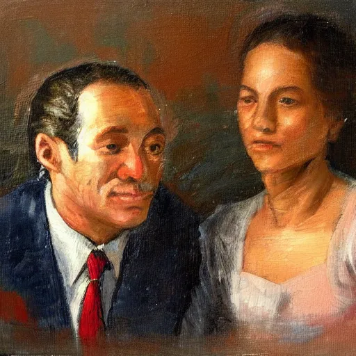 Prompt: a painting of a man and a woman sitting next to each other