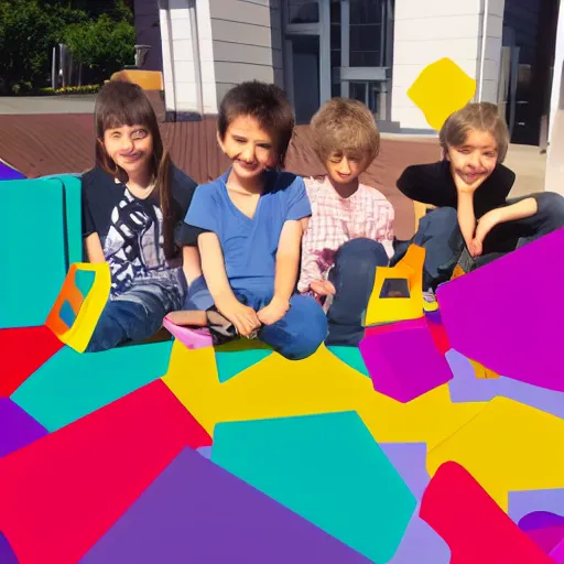 Prompt: photo of (kids with computers)!! outside in the sun, large roblox!! shapes floating all over, bright colors