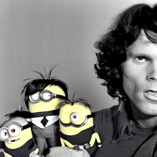 Image similar to jim morrison posing with minion toys in his hands, presented to the camera, black and white photography