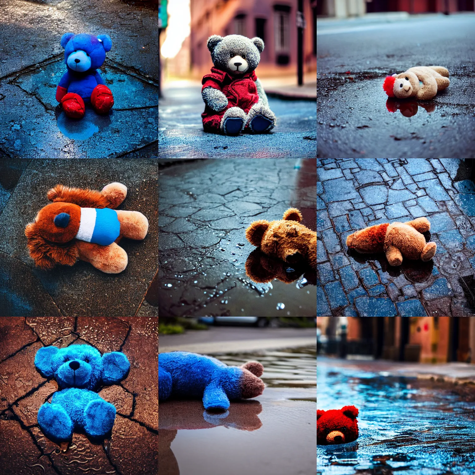 Prompt: close up photo of a teddy bear lying in a puddle in a back street, dual tone blue red, cinematic, depth of field, blur, atmospheric, 8k, trending on artstation