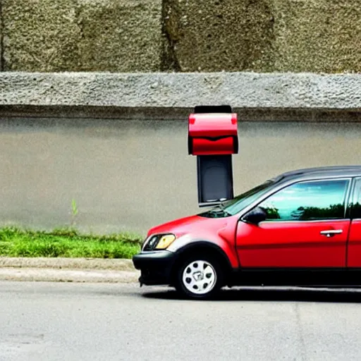 Image similar to a (((((tiny))))) car next to a mailbox