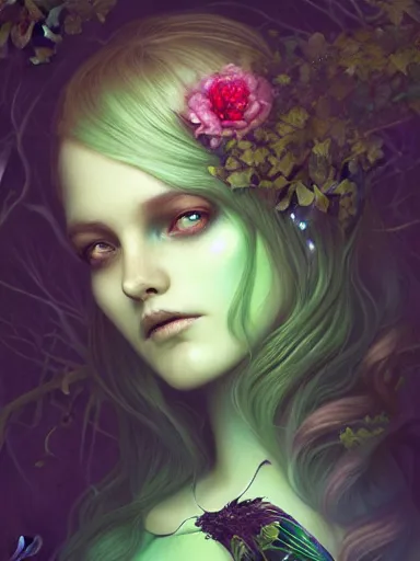 Image similar to green!! forest fae ; by james jean, charlie bowater, tom bagshaw, nikolay makovsky, melanie delon : : enchanting, ethereal, magical, glowing, sparkle, iridescent, flowerpunk, portrait, character design, illustration, hyperrealism, photorealism, digital art, concept art, dark fantasy, weta, wlop, artstation