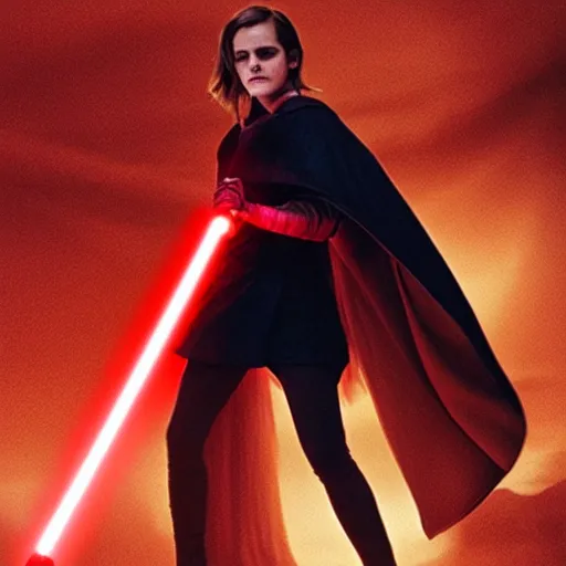 Image similar to emma watson as a sith lord with a red lightsaber