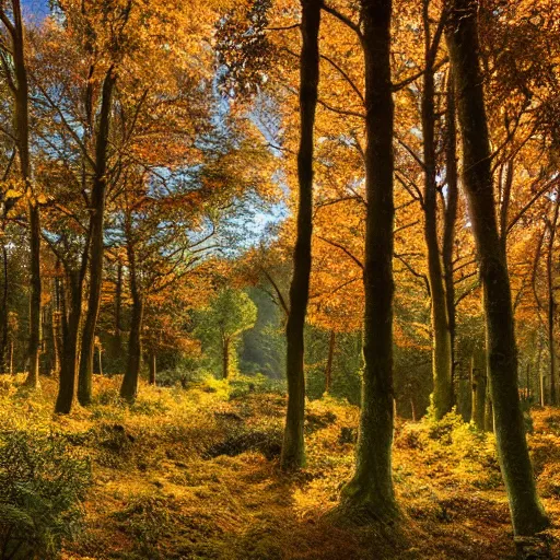 Image similar to autumnal british woodland scene, 3d, cgi, vector graphics, undulating terrain, blue sky visible through the canopy, leaves on the ground, autumnal colours