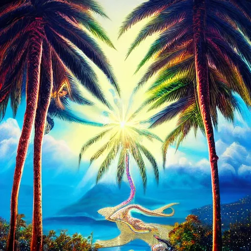 Image similar to a ultradetailed beautiful painting of el dourado, amazonas by aulo maiskiankski, major arcana mason sparkles sky, and dougherty patrick, trending on artstation, mediterranean, palm trees, light sparkles, major arcana sky, sharp focus, soft light