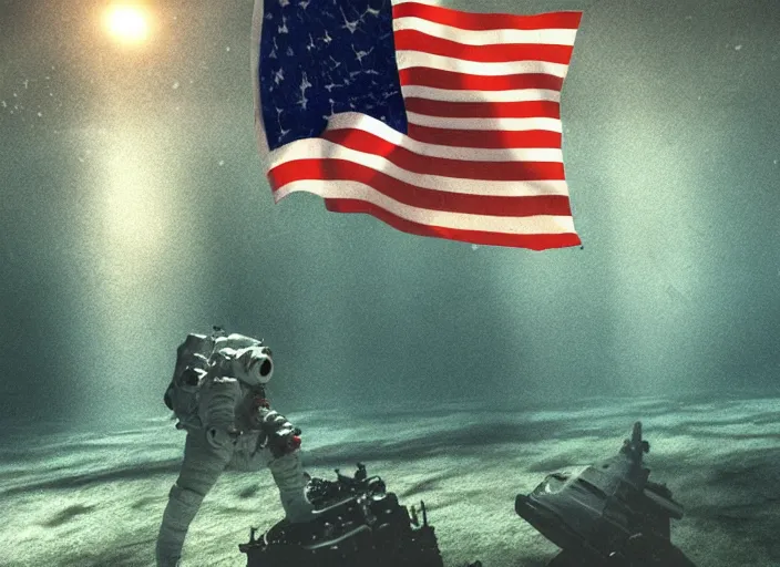 Image similar to astronaut holding a flag in an underwater desert. a submarine is visible in the distance. dark, concept art, cinematic, dramatic, atmospheric, 8 k, trending on artstation, blue, fish, low visibility, fog, ocean floor, christopher nolan, interstellar