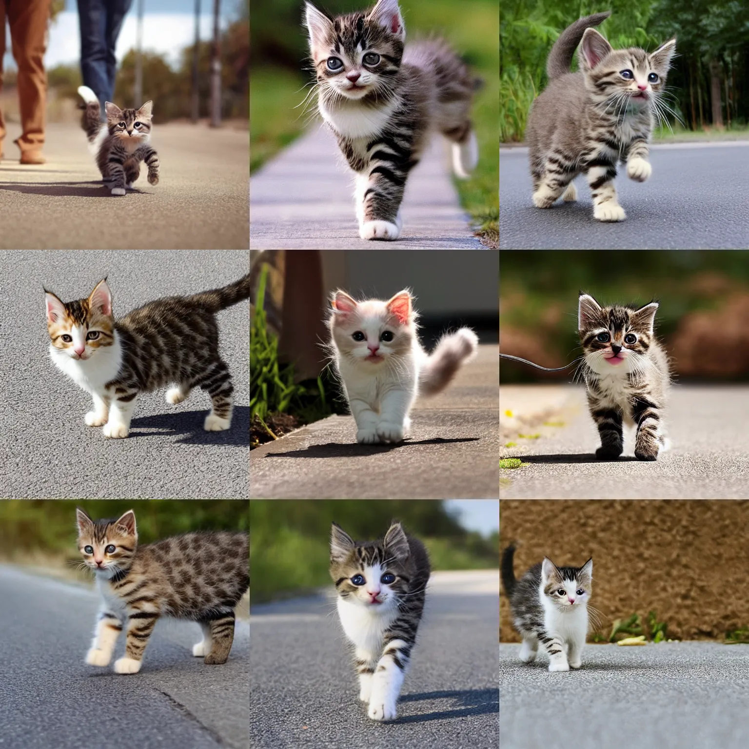 Prompt: funny kitten walks along the road style by Bluth, Don,