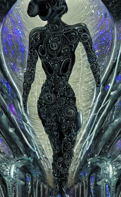 Prompt: organic cyborg queen, beautiful muse, synth, synthetic bio skin, futuristic translucent pearlescent skin, diffuse lighting, space opera, intricate, elegant, highly detailed,smooth, sharp focus, vogue poses, striking composition, highly detailed ornate sci fi background, vivid details, amalgamation of nature and technology, wires, glowing tubes, beautiful composition, painting in the style of sandro botticelli, caravaggio, albrecth durer, 8k