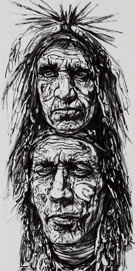 Image similar to a loose wild messy ink sketch portrait of a Native American shaman in the style of ralph steadman, caricature, dramatic