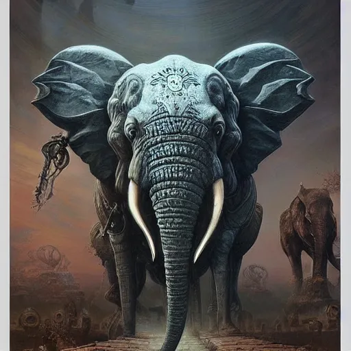 Image similar to ancient psychic tandem war elephant, by ernst haeckel, artgerm, greg rutkowski, h. r. giger and zdislaw beksinski, trending on artstation