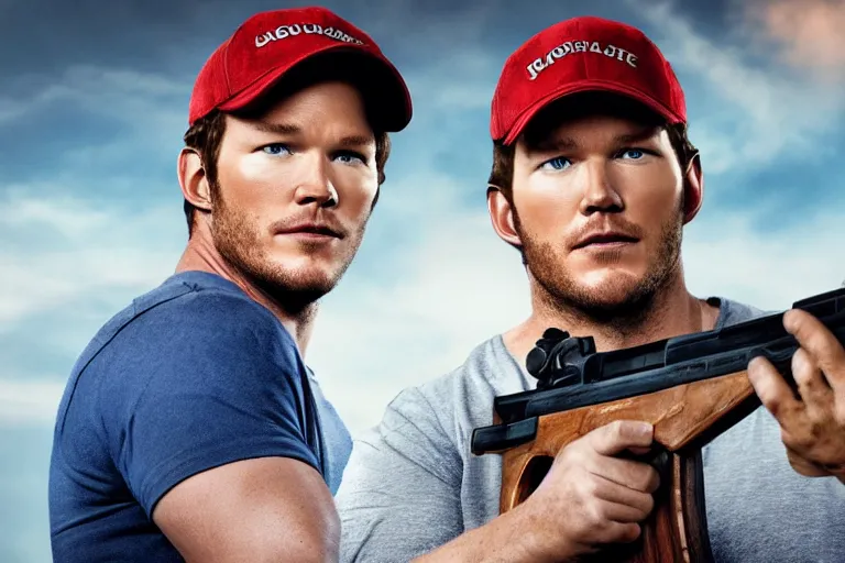 Image similar to a photo of chris pratt wearing a red cap and blue overalls carrying a shotgun, photorealistic, 8 k, castle background