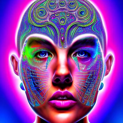 Prompt: extremely psychedelic cyborg queen of lsd. intricate, elegant, highly detailed, photorealistic, digital painting, artstation.