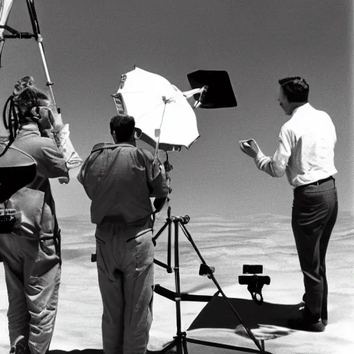 Prompt: Behind the scenes photo of the filming of a movie set on Venus, 1956, black and white, film grain