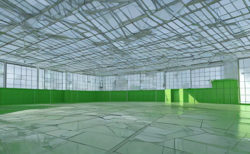 Prompt: empty room, open shiny floor, big solid colourful 3 d shapes, green house unreal engine and v - ray render.