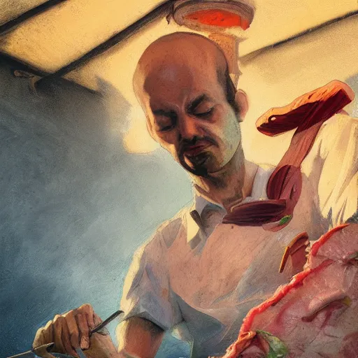 Image similar to low angle view of a butcher working, artwork medium shot, asymmetrical, profile picture, organic painting, night time, matte painting, bold shapes, hard edges, street art, trending on artstation, by huang guangjian and gil elvgren and sachin teng, from below, worms - eye - view, close - up!!!!!