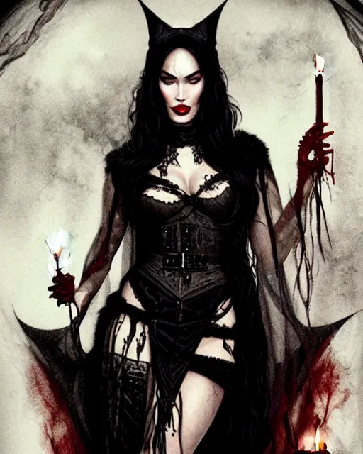 Image similar to megan fox witch queen, black eyes, blood, full body, intricate victorian dress, cinematic lighting, symmetrical eyes, rafael albuquerque, charlie bowater, frank frazetta, moody lighting, candles