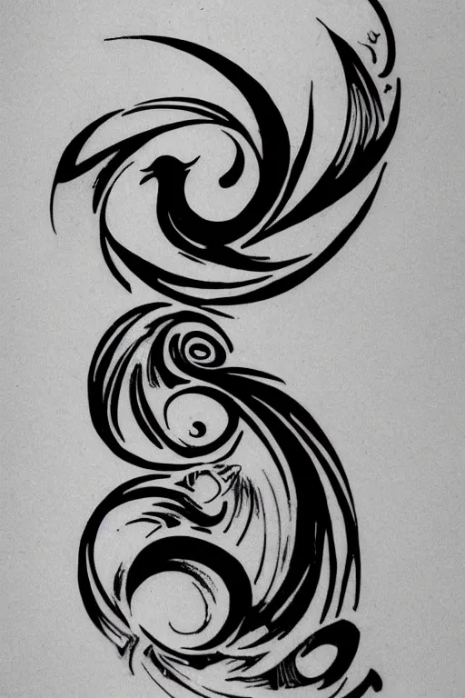 Image similar to a simple tattoo design of birds flying in a 2 spiral, black ink, logo