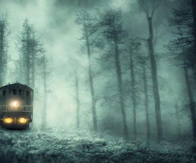 Image similar to magical ghost train, high res, photorealistic, dark atmosphere, dark fantasy, gloomy tracks, bright lights, forestry