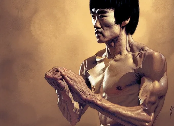 Prompt: portrait of an old bruce lee - art, by wlop, james jean, victo ngai! muted colors, very detailed, art fantasy by craig mullins, thomas kinkade cfg _ scale 8