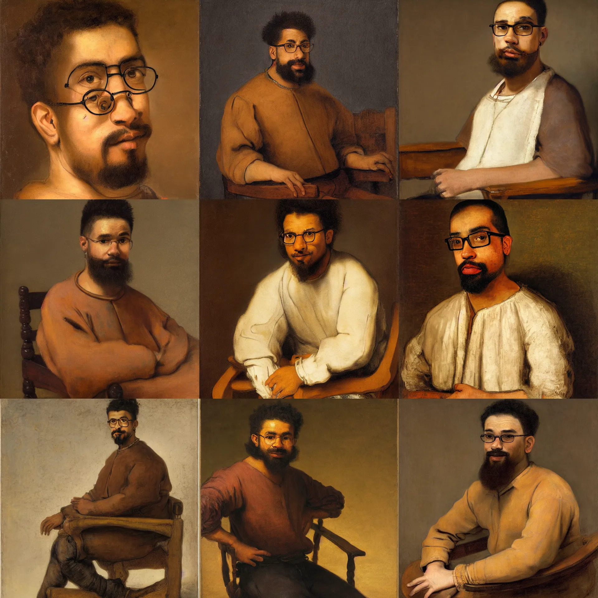 Prompt: front view portrait of a latino young man, brown skin, wavy short hair, goatee, wearing glasses, seated on wooden chair, light brown background, painted by rembrandt