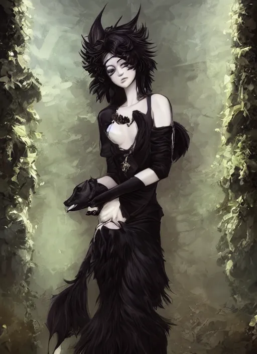 Prompt: wide angle beautiful full body portrait of a strong male anthropomorphic anthro border collie fursona wearing an ornate black dress and standing in a courtyard, character design by charlie bowater, henry asencio, and ross tran, furry art, furaffinity, beautiful, glamor pose, detailed, aesthetic, trending on artstation