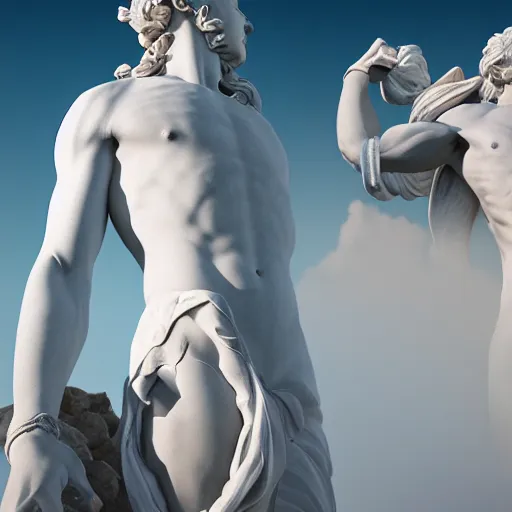 Image similar to Great Statues of Greek Gods stand tall and white in the bright sun amidst the fog of war, octane render 8K HD photorealistic