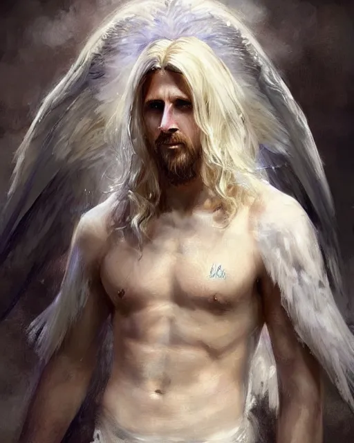 Image similar to messi, the one - winged!!!!!!! angel, male!!!!!!!, long white hair, by daniel gerhartz, trending on artstation