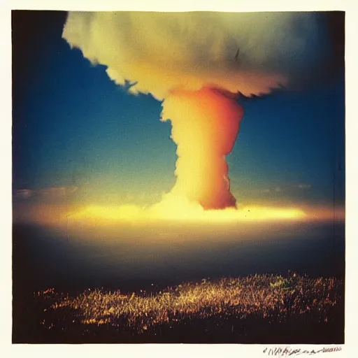 Image similar to “nuclear explosion photography, mushroom cloud, end of the world, cinestill 800t, in the style of William eggleston”