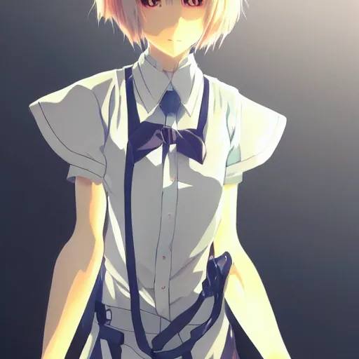 Prompt: a perfect anime concept art of Rei Ayanami, by Makoto Shinkai, at Pixiv