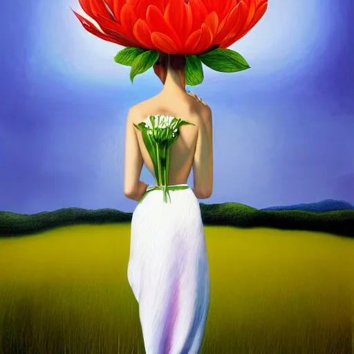 Image similar to huge flower as head, woman walking in a field, surreal, flat light, painting, digital painting, artstation, georgia o'keeffe