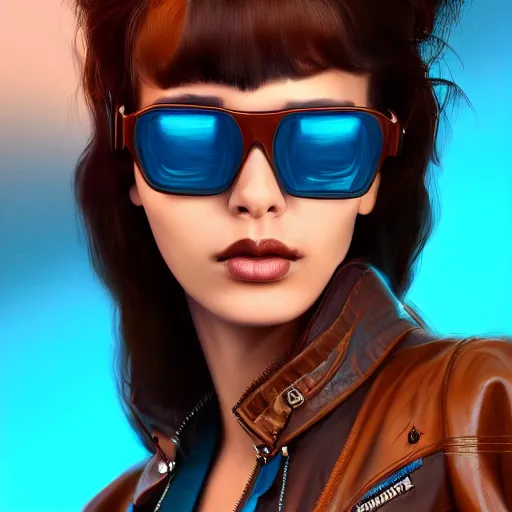 Image similar to closeup painting of a very beautiful young mexican cyberpunk woman, wearing light blue shutter shades and a dark brown leather jacket, one side haircut, long brown hair with light blue ends, portrait, hyperdetailed, artstation, cgsociety, 8 k, synthwave by tangerine dream