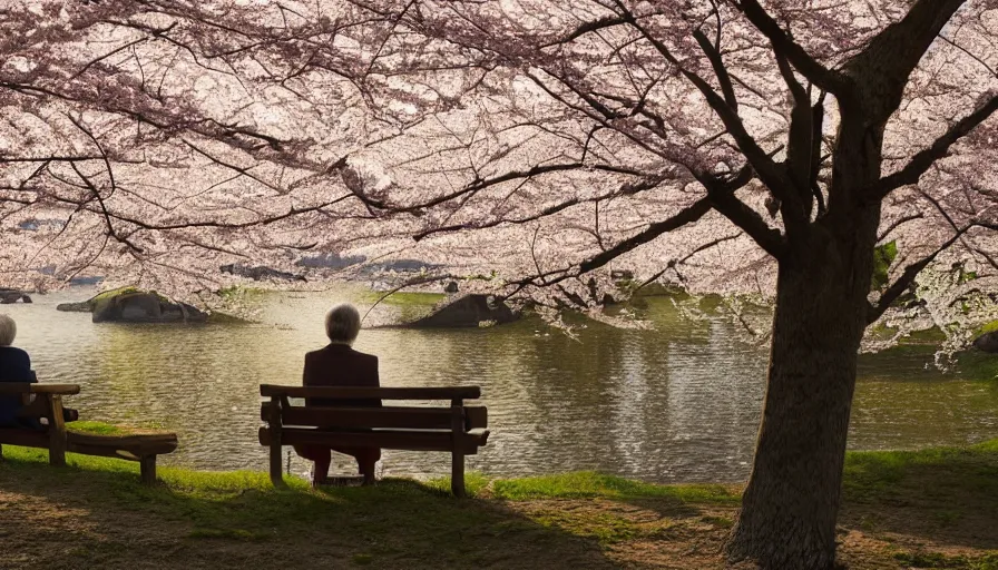 Image similar to back view of an old japanese couple watching sunset while sitting on the bench, cherry blossoms, lake, forest, village, hayao miyazaki, hyperdetailed, artstation, cgsociety, 8 k