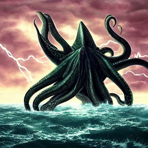 Image similar to the monster Cthulhu in the middle of the ocean with a storm and lightning, ultra realistic artstation, ultra detailed, concept art