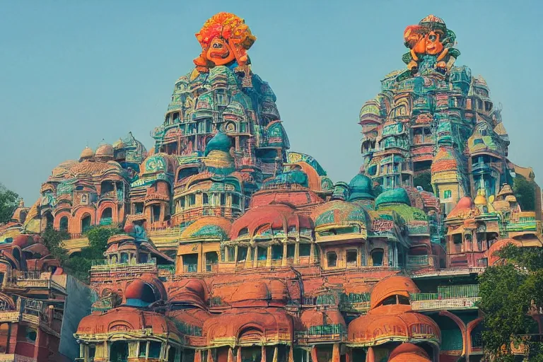 Image similar to gorgeous dreamscape! biomorphic new delhi, hanuman!! head building, kalighat, octane highly detailed cinematic, stephen shore & john j. park, soft morning light, wide shot, high angle, uhd 8 k, deep focus