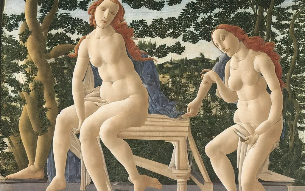 Image similar to sandro botticelli. very soft, delicate light. venus standing on a park bench in a modern city.