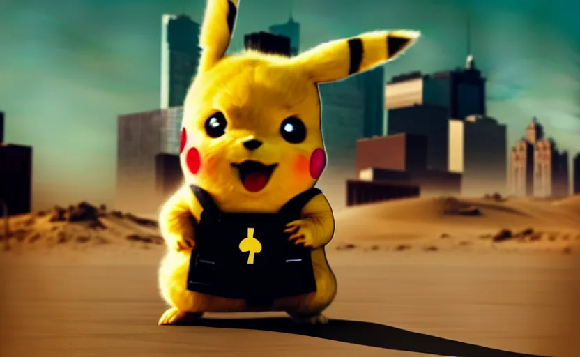 Image similar to cinestill 5 0 d candid photographic portrait by helen levitt of pikachu wearing black rugged techwear on a desolate plain, extreme closeup, modern cyberpunk moody emotional cinematic, dust storm, 8 k, hd, high resolution, 3 5 mm, f / 3 2, ultra realistic faces, detective pikachu ( 2 0 1 9 )