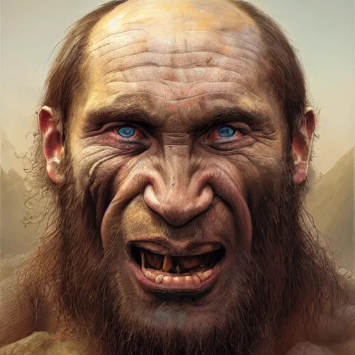 Image similar to vladimir putin, prehistoric caveman, vladimir putin macabre face, by donato giancola and greg rutkowski and wayne barlow and zdzisław beksinski, realistic face, digital art