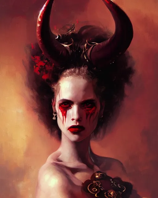 Image similar to painted close - up portrait of a red - skinned intimidating demon girl with ram horns. oil painting, wearing a noblewoman's outfit, fantasy art by greg rutkowski and john singer sargent and gaston bussiere and luis rollo, demon noble character design