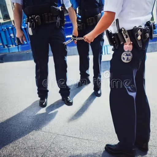 Prompt: a police officer handcuffing another police officer, both smiling, time square, stock photography, award - winning,