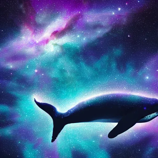 Image similar to portrait of whale swimming on a dark night sky, swimming across the universe, nebulae, purple and blue, galaxies, oniric, dreamy, beautiful, highly detailed, cinematic, trending on artstation