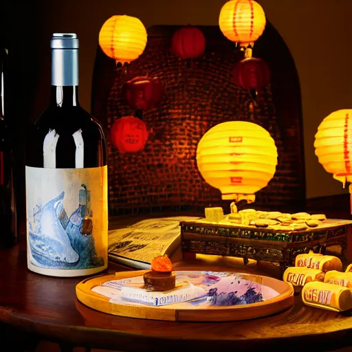 Prompt: a bottle of wine sitting on a table, surrounded by mooncakes and lanterns, by ian mcque and henri rousseau, style of still life, long exposure, pride & prejudice