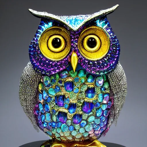 Prompt: symmetrical detailed sculpture of an owl, made of Iridescent Gems--cfg_scale=12