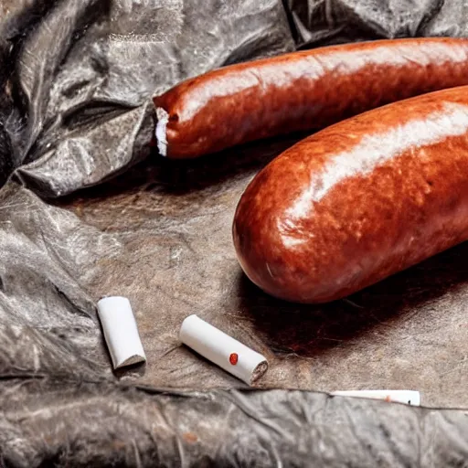 Prompt: a polish sausage and cigarette packs lying on a bed, realistic, sharp focus, 8 k high definition, insanely detailed, intricate, elegant.