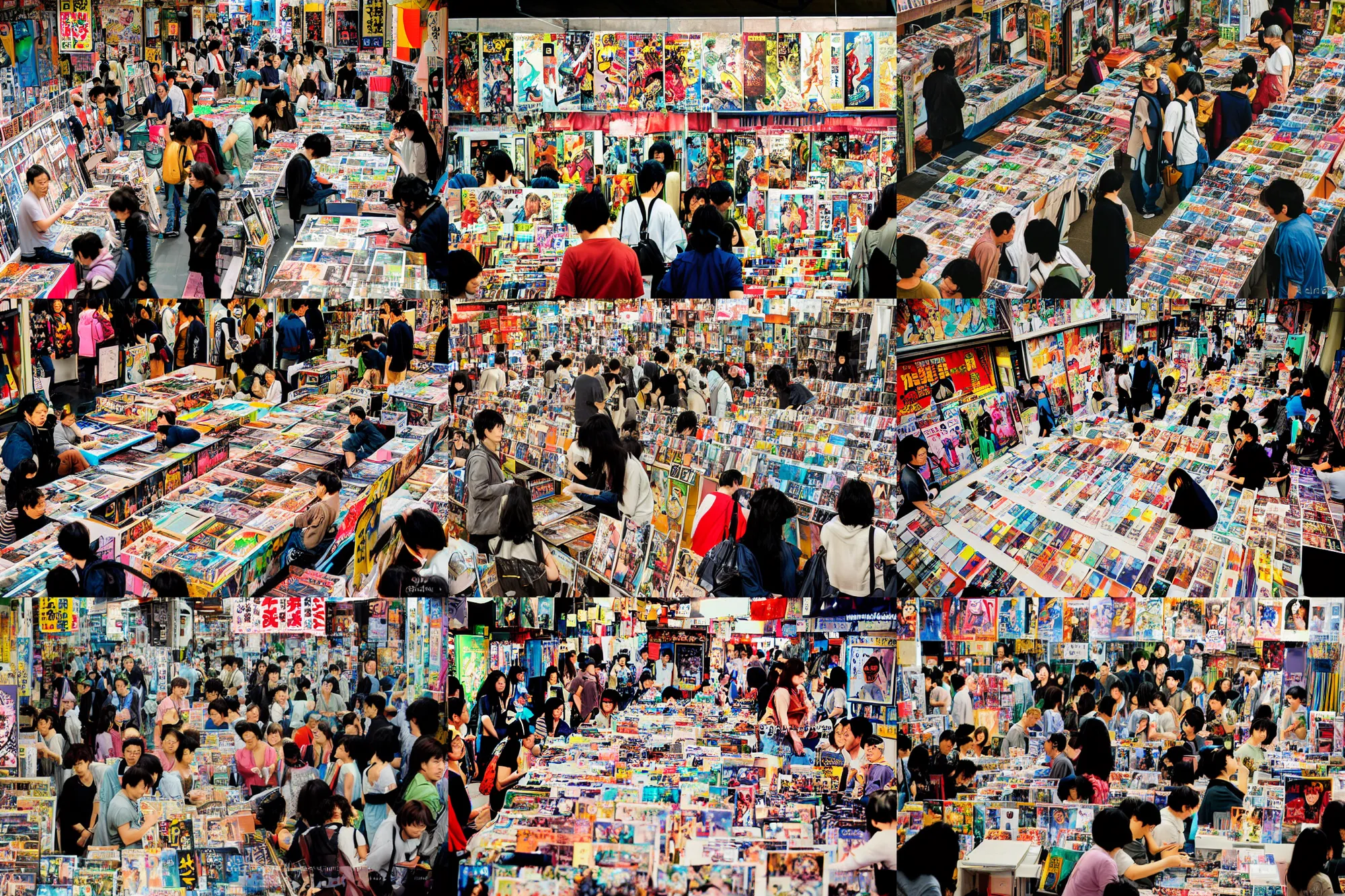 Prompt: color photograph portrait, comic market in japan, people, floor, comics on the tables, poster,